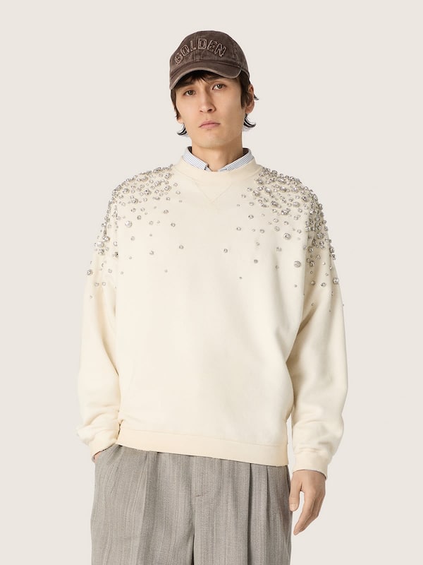 Golden Goose - Unisex sweatshirt in white cotton with embroidered crystals in 