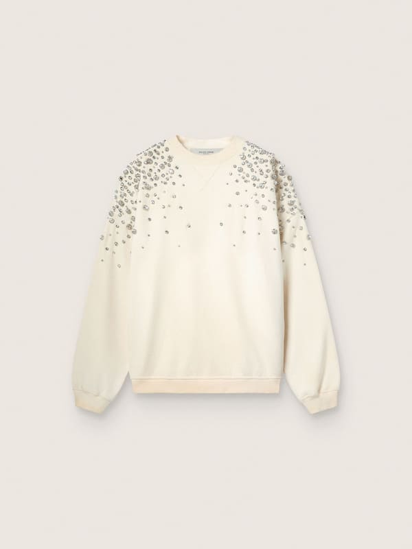 Golden Goose - Unisex sweatshirt in white cotton with embroidered crystals in 