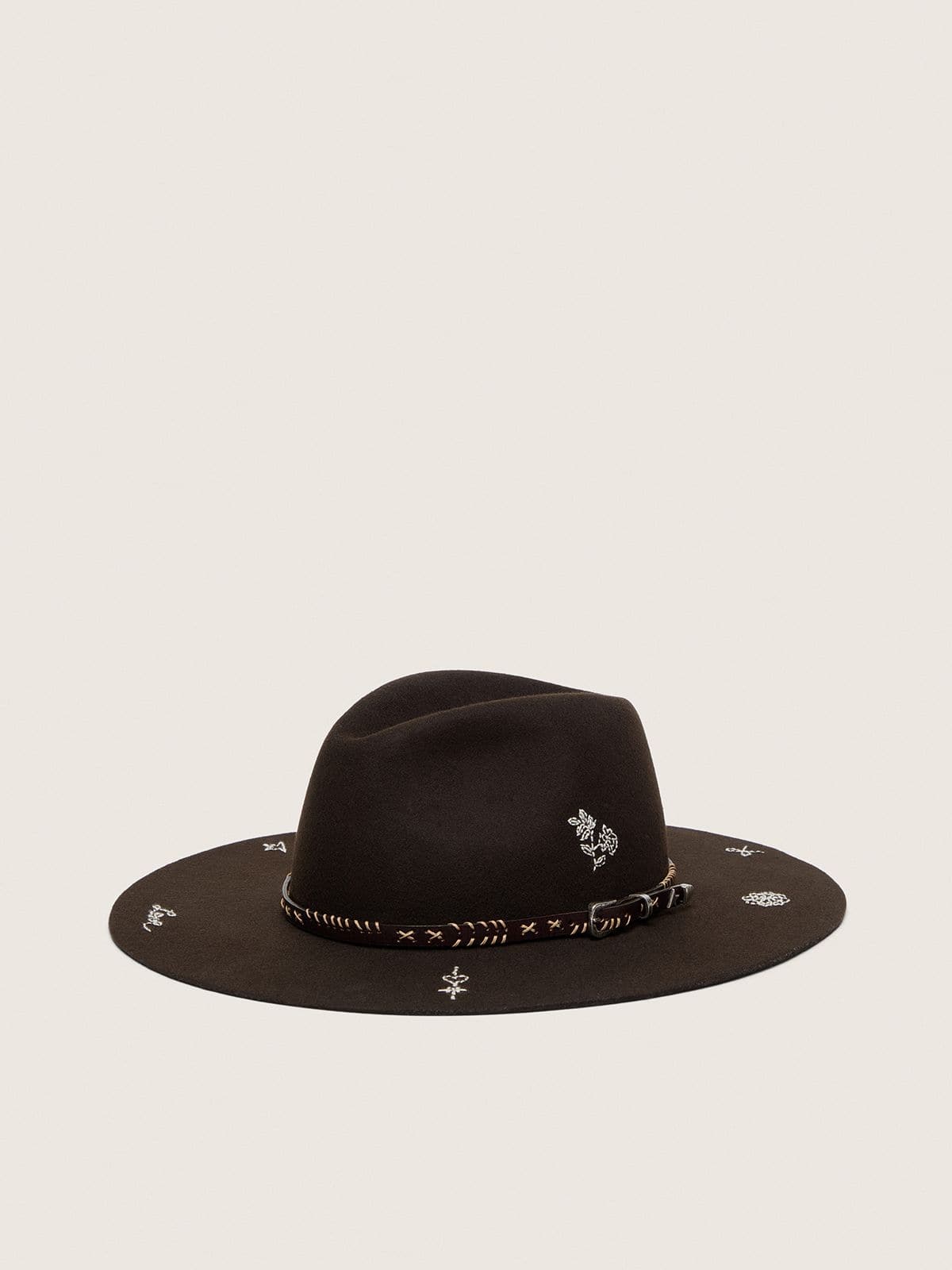 Golden Goose - Dark brown fedora hat with leather strap and white embroidery in 