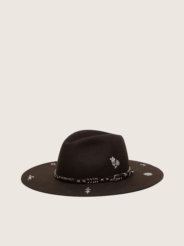 Dark brown fedora hat with leather strap and white embroidery