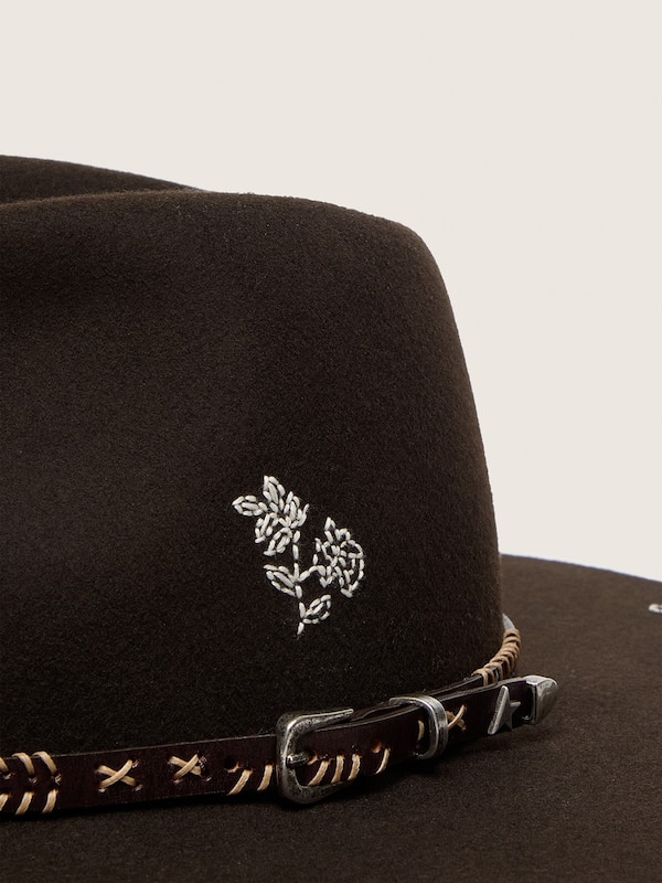 Golden Goose - Dark brown fedora hat with leather strap and white embroidery in 