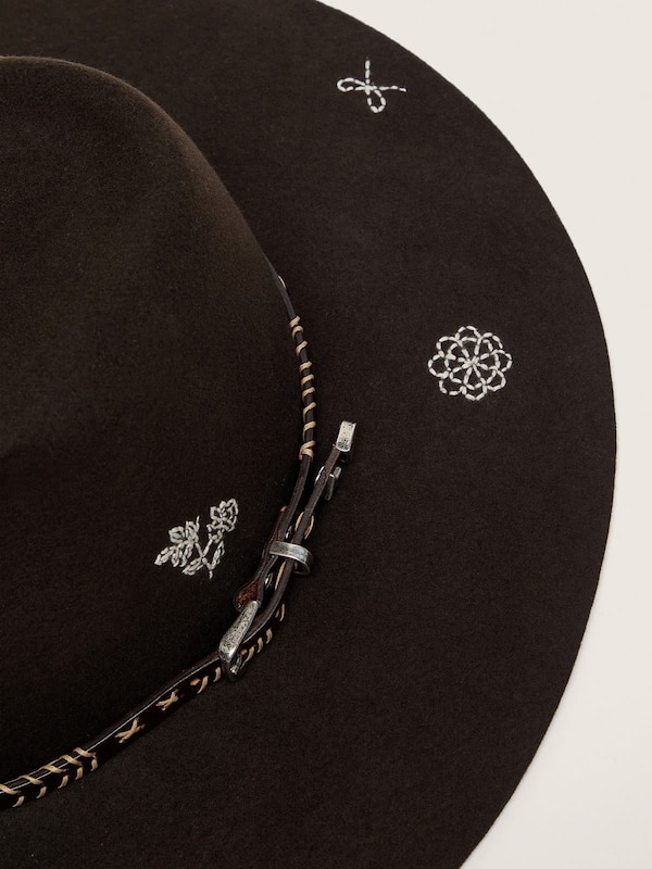 Golden Goose - Dark brown fedora hat with leather strap and white embroidery in 