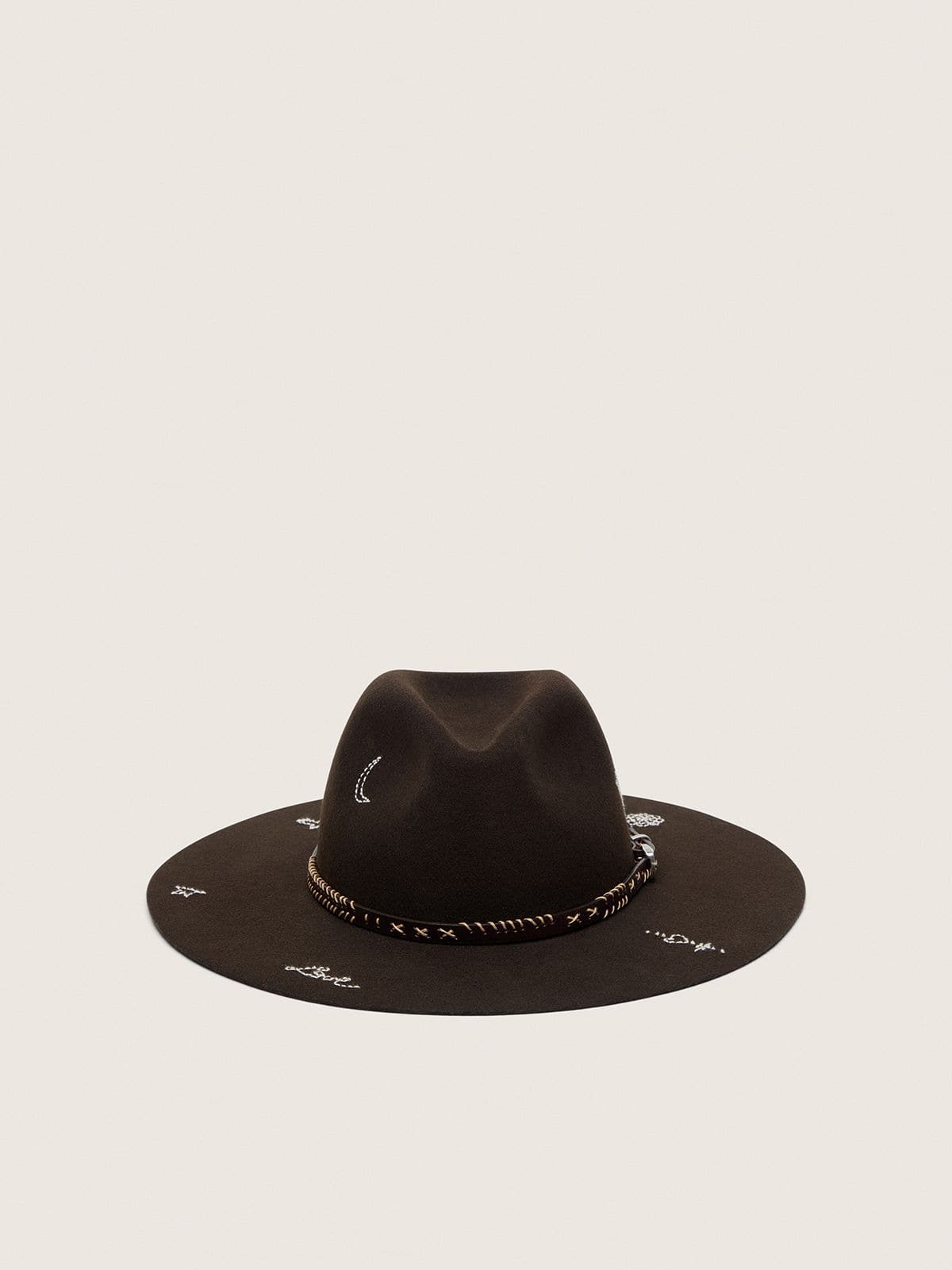 Golden Goose - Dark brown fedora hat with leather strap and white embroidery in 