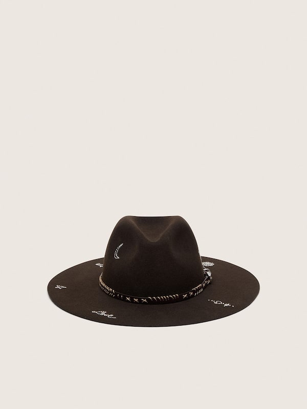 Golden Goose - Dark brown fedora hat with leather strap and white embroidery in 