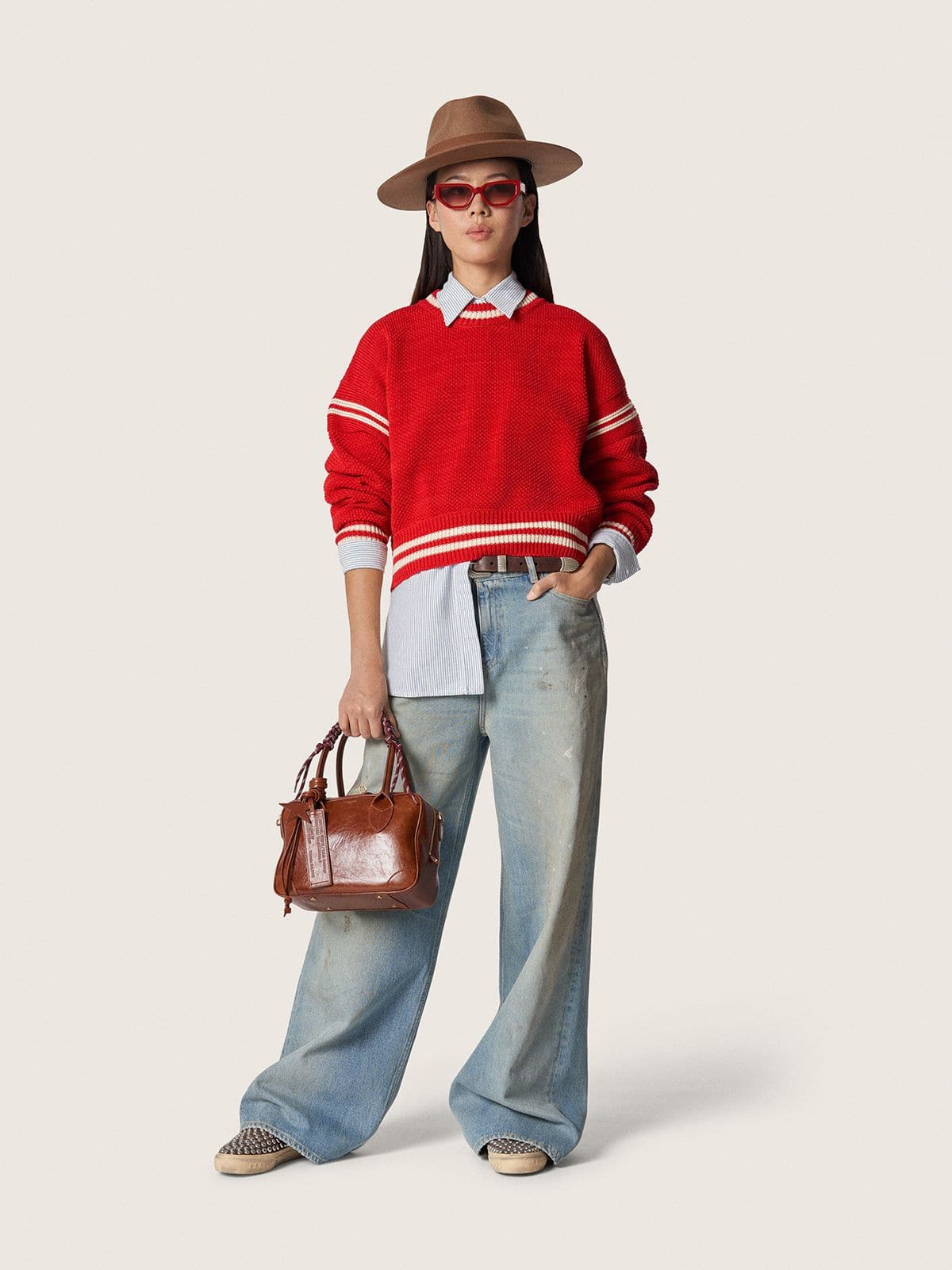 Golden Goose - Chapeau Fedora beige avec bride en ruban et &eacute;toile argent&eacute;e in 
