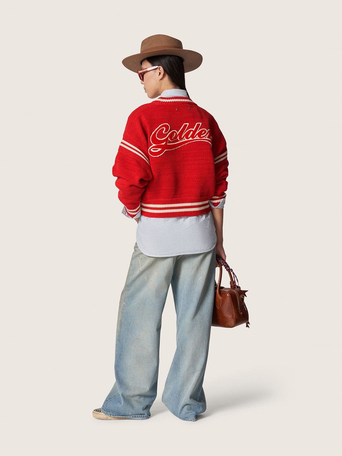 Golden Goose - Chapeau Fedora beige avec bride en ruban et &eacute;toile argent&eacute;e in 