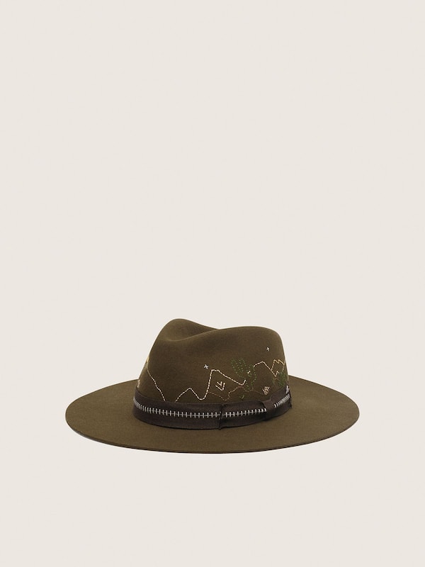 Olive-green fedora hat with brown ribbon and desert-themed embroidery