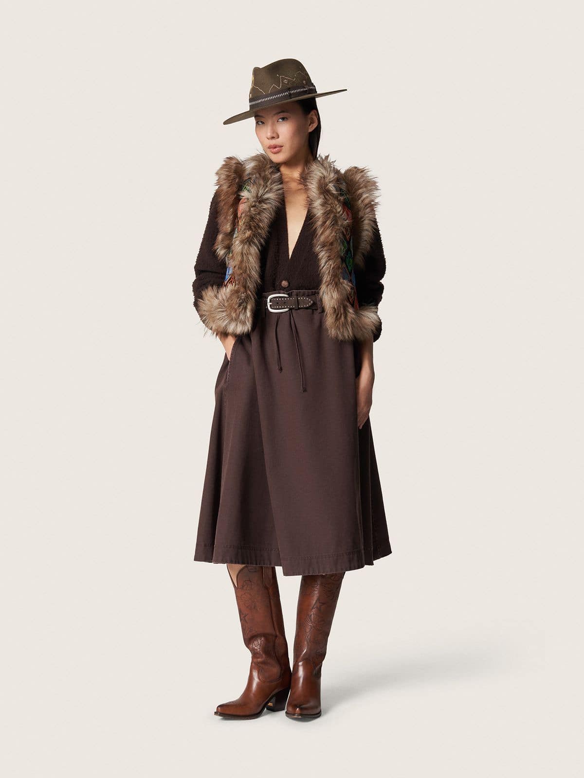 Golden Goose - Olivgr&uuml;ner Fedora mit braunem Band und Stickerei mit W&uuml;stenmotiv in 