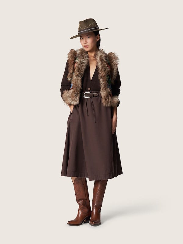 Golden Goose - Olive-green fedora hat with brown ribbon and desert-themed embroidery in 