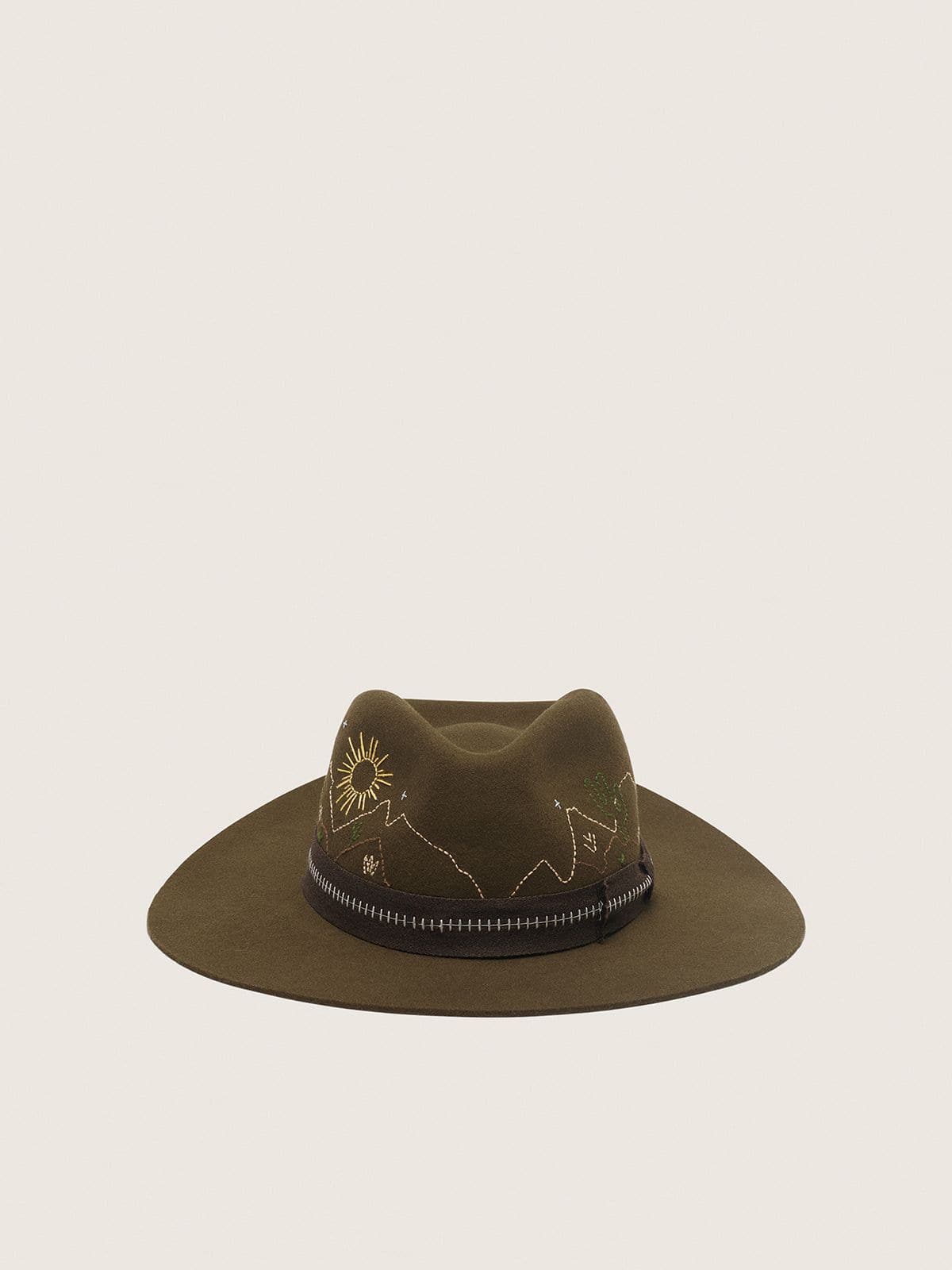 Golden Goose - Olivgr&uuml;ner Fedora mit braunem Band und Stickerei mit W&uuml;stenmotiv in 