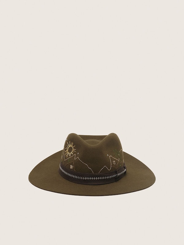 Golden Goose - Olive-green fedora hat with brown ribbon and desert-themed embroidery in 