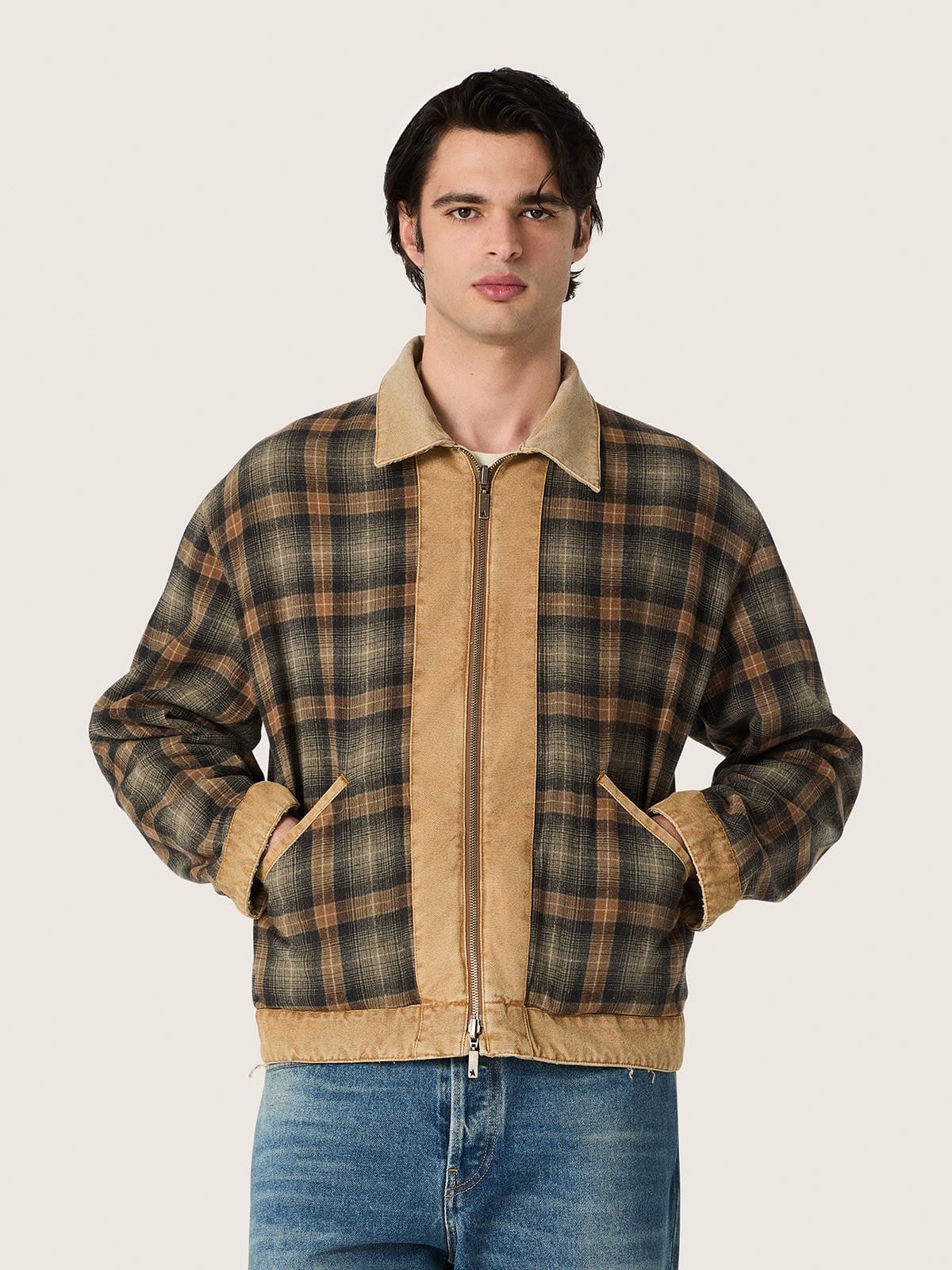 Golden Goose - Giacca reversibile unisex in cotone beige con motivo check in 