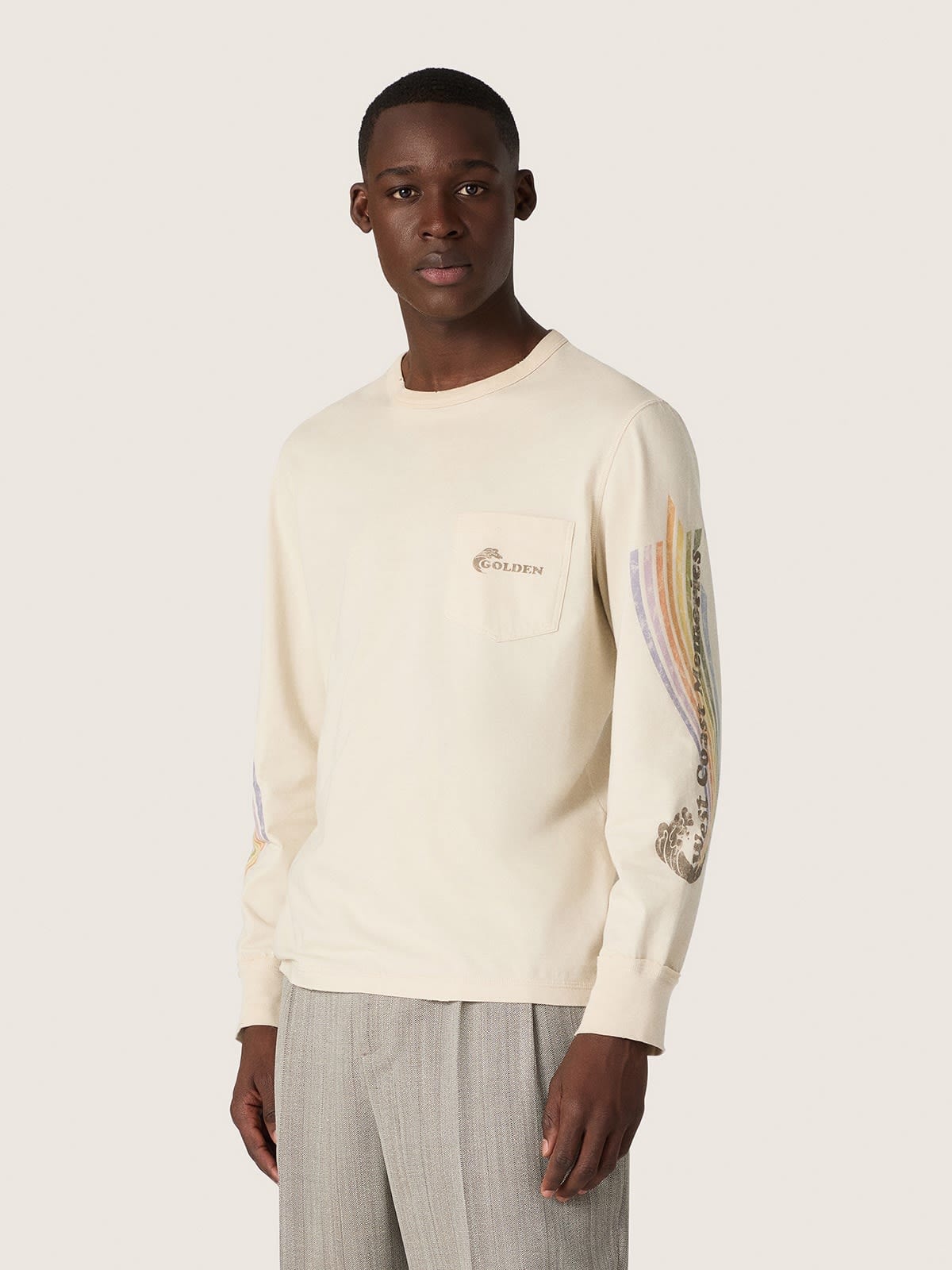 Golden Goose - Camiseta unisex de manga larga de algod&oacute;n blanco con estampado multicolor in 