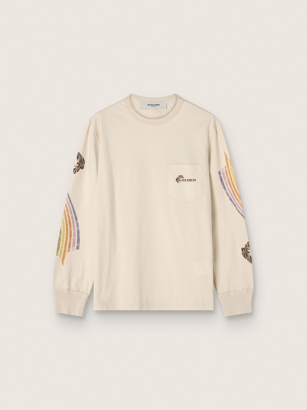 T-shirt unisexe à manches longues en coton blanc avec imprimé multicolore — Golden Goose