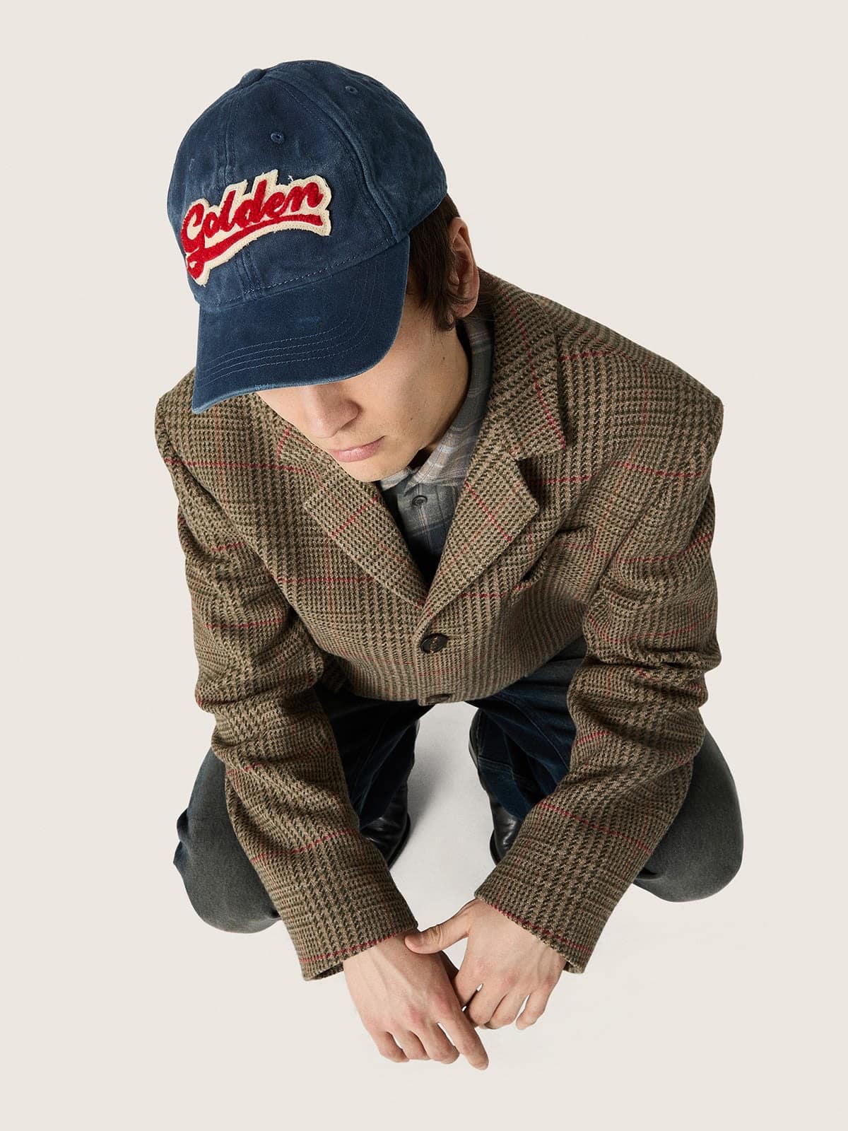 Golden Goose - Denim blue baseball cap with red and white terry &ldquo;Golden&rdquo; patch in 