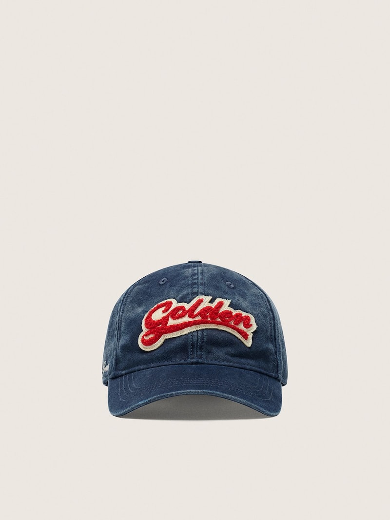 Gorra de b&eacute;isbol de color vaquero azul con parche &laquo;Golden&raquo; de rizo de color rojo y blanco