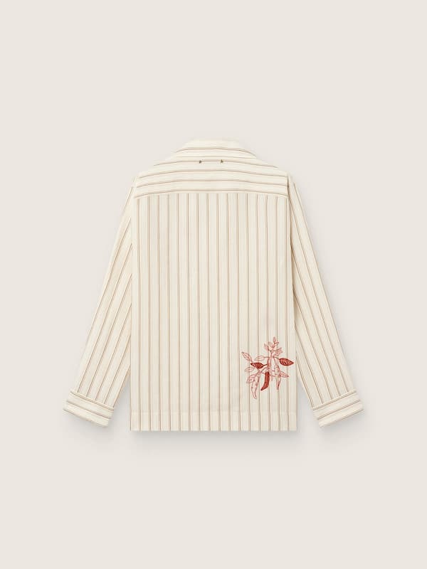 Unisex shirt in ecru and sand striped cotton and linen with embroidery