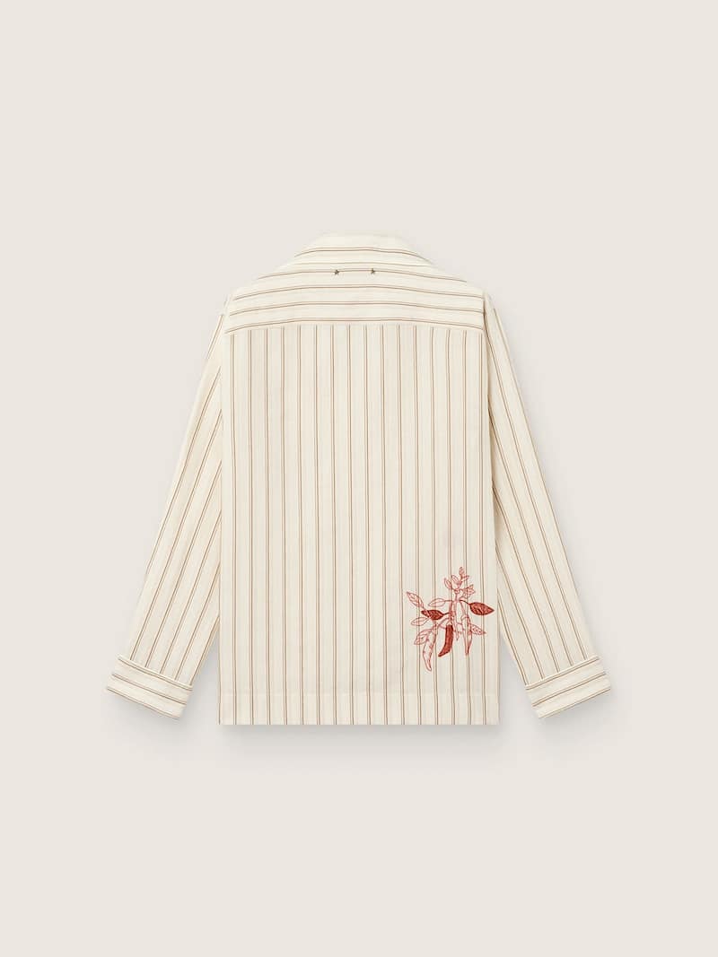 Golden Goose - Camisa unisex de algod&oacute;n y lino de rayas color crudo y arena con bordados in 
