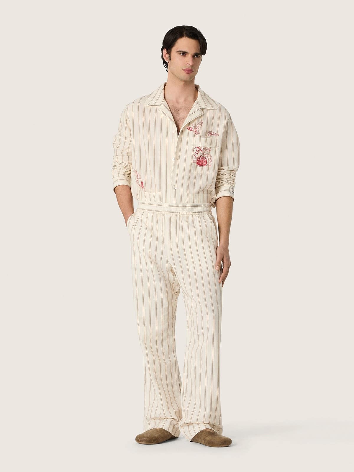 Golden Goose - Camicia unisex in cotone e lino a righe &eacute;cru e sabbia con ricami in 