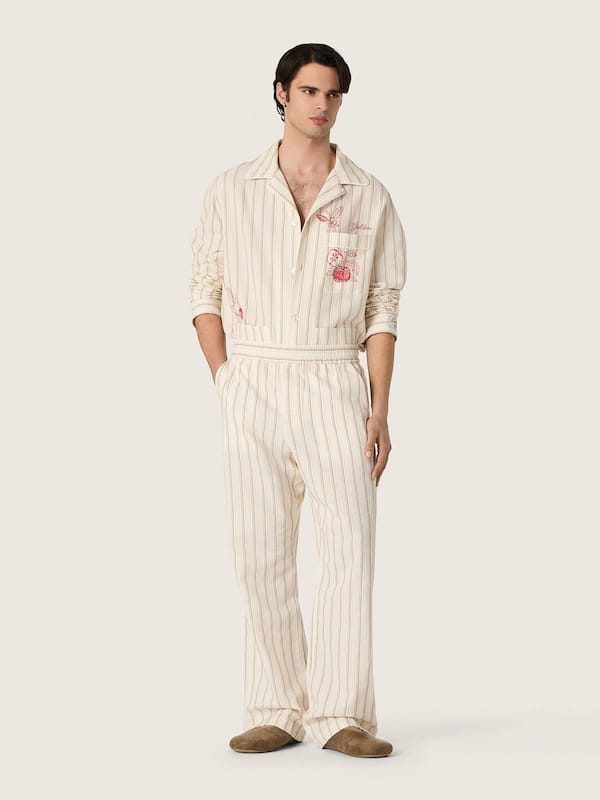 Golden Goose - Unisex shirt in ecru and sand striped cotton and linen with embroidery in 