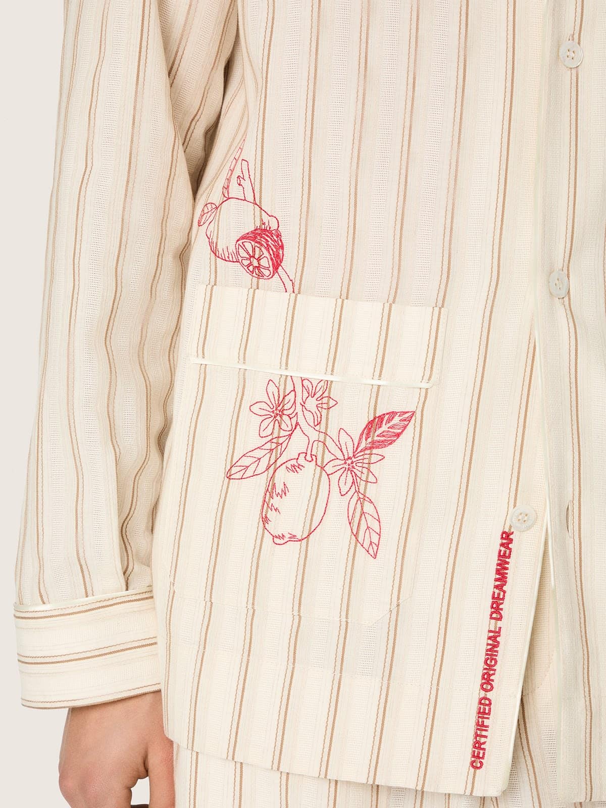 Golden Goose - Camicia unisex in cotone e lino a righe &eacute;cru e sabbia con ricami in 