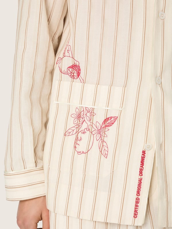 Golden Goose - Unisex shirt in ecru and sand striped cotton and linen with embroidery in 