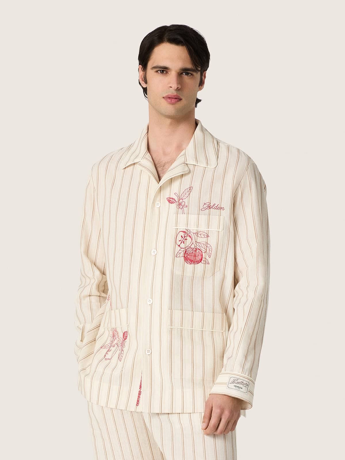 Golden Goose - Camicia unisex in cotone e lino a righe &eacute;cru e sabbia con ricami in 
