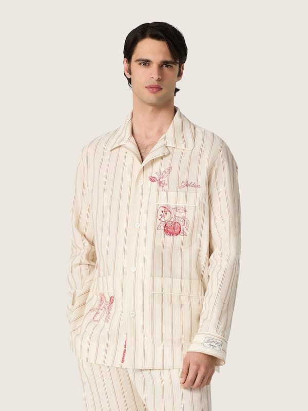 Golden Goose - Unisex shirt in ecru and sand striped cotton and linen with embroidery in 