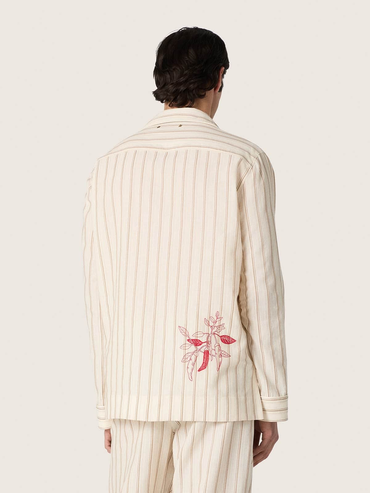 Golden Goose - Camicia unisex in cotone e lino a righe &eacute;cru e sabbia con ricami in 