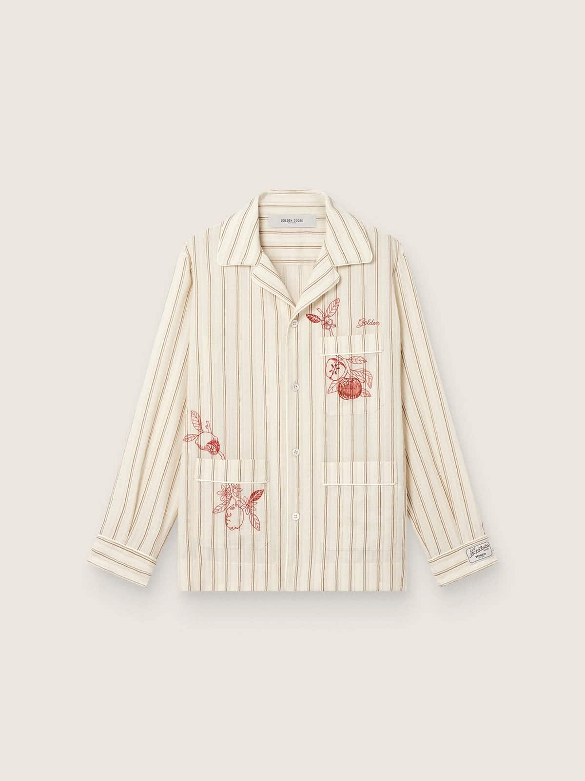 Golden Goose - Camicia unisex in cotone e lino a righe &eacute;cru e sabbia con ricami in 
