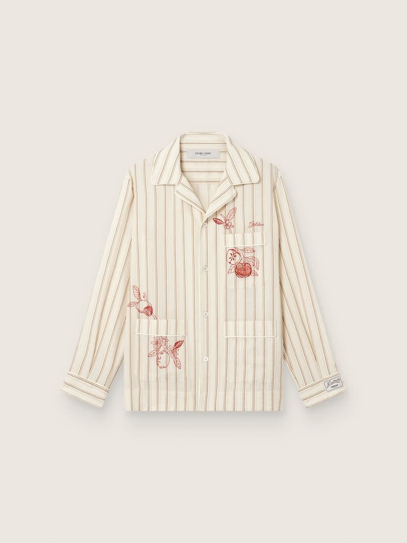 Chemise unisexe en coton et lin avec rayures &eacute;crues et sable et broderies