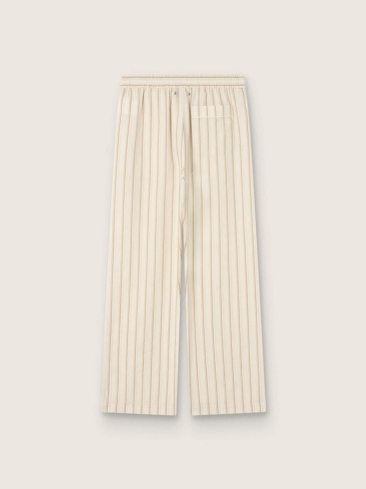 Pantal&oacute;n jogger unisex de algod&oacute;n y lino de rayas color crudo y arena