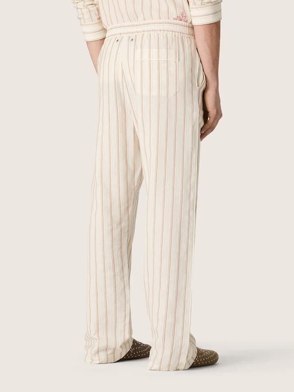 Golden Goose - Pantaloni jogging unisex in cotone e lino a righe &eacute;cru e sabbia in 
