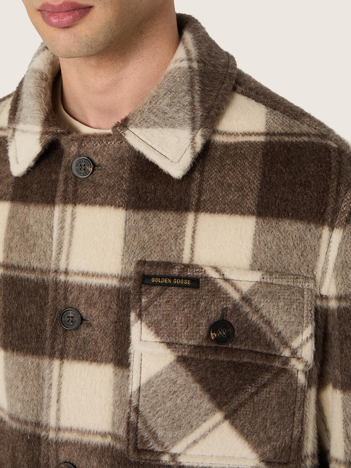 Golden Goose - Camicia da uomo in cotone check marrone e avorio in 