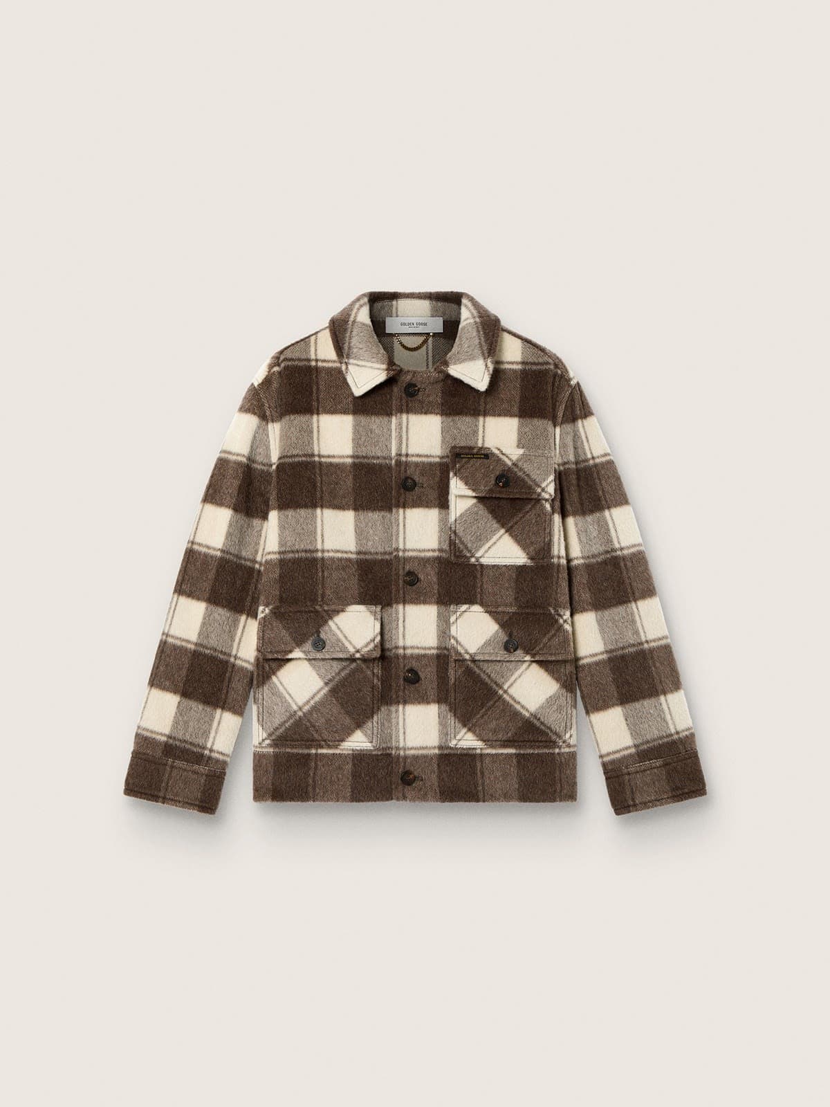 Golden Goose - Camicia da uomo in cotone check marrone e avorio in 