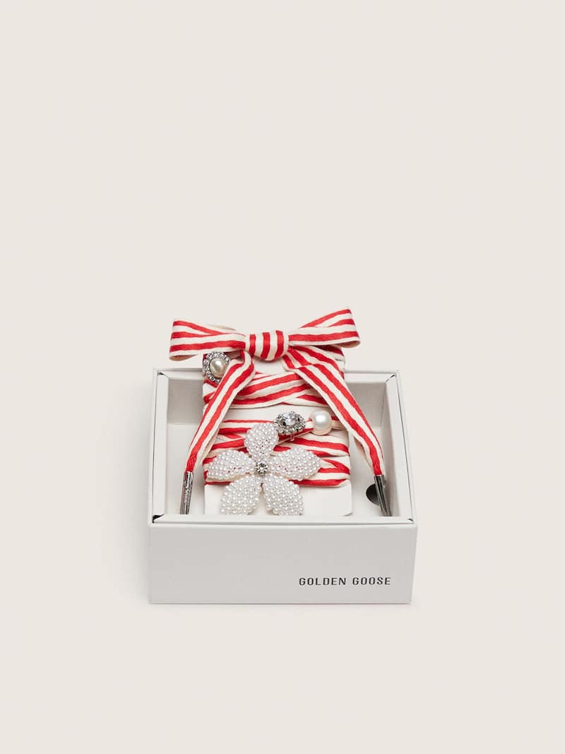 Skins "Playful" red and beige striped laces embellished with charms