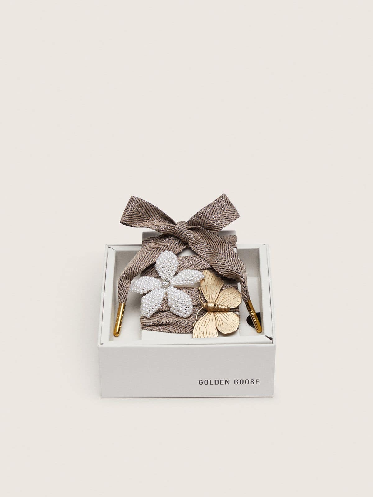 Golden Goose - Skin "Sparkling" brown, black and silver herringbone laces with two appliqué charms in 