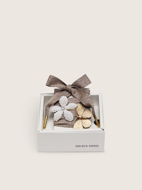 Golden Goose - Skins "Sparkling" brown, black and silver herringbone laces embellished with two charms in 