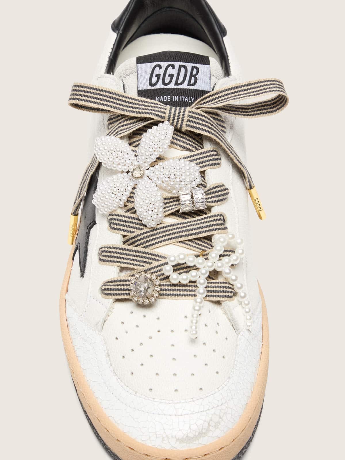 Golden Goose - Skins black and beige striped laces with beaded and sparkling charms in 