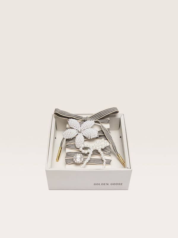 Golden Goose - Skins ""Sparkling" black and beige striped laces with beaded and sparkling charms in 