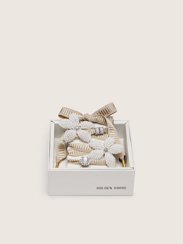 Golden Goose - Skins "Sparkling" beige embroidered laces with beaded charms and crystal charms in 