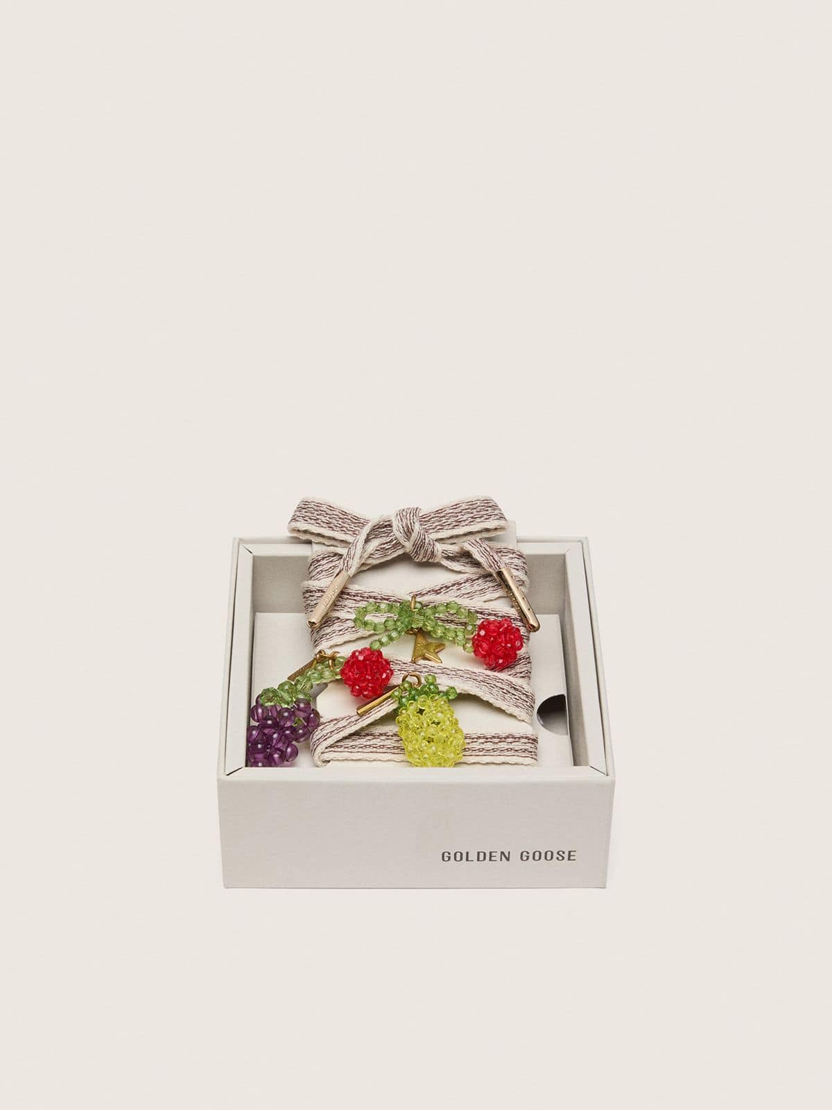 Golden Goose - Skins cream and dove-gray striped embroidered laces with three fruit beaded charms in 