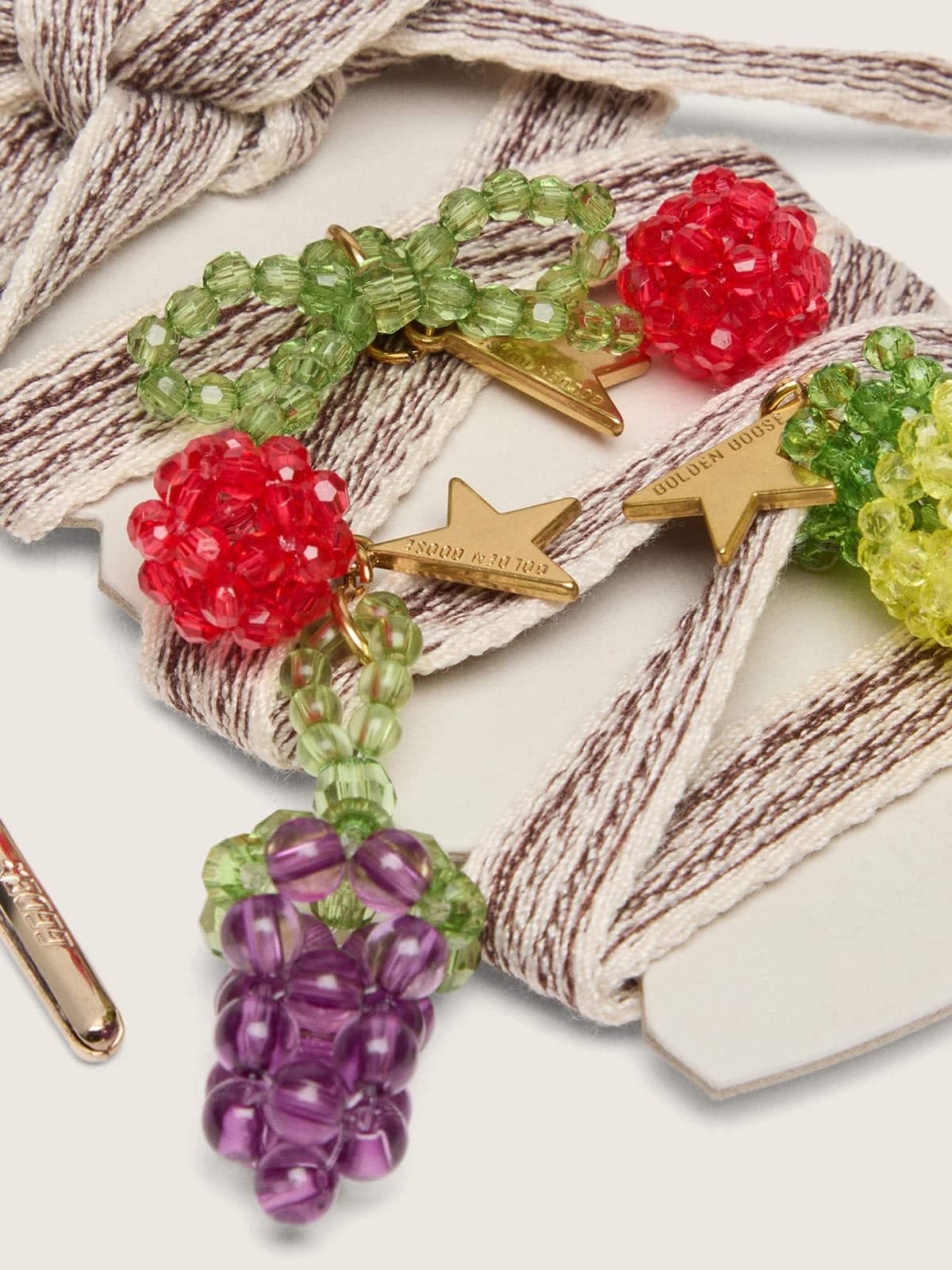 Golden Goose - Skins cream and dove-gray striped embroidered laces with three fruit beaded charms in 