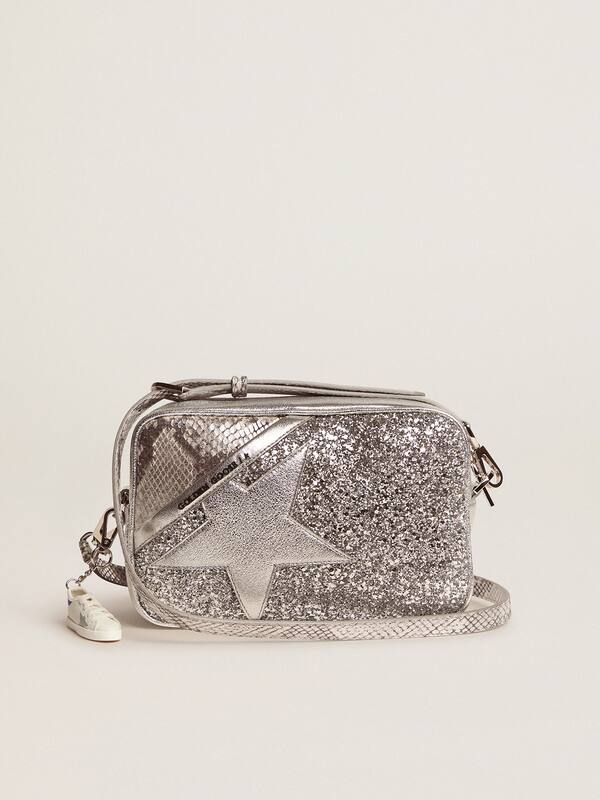 Star Bag made of silver snake-print leather and glitter