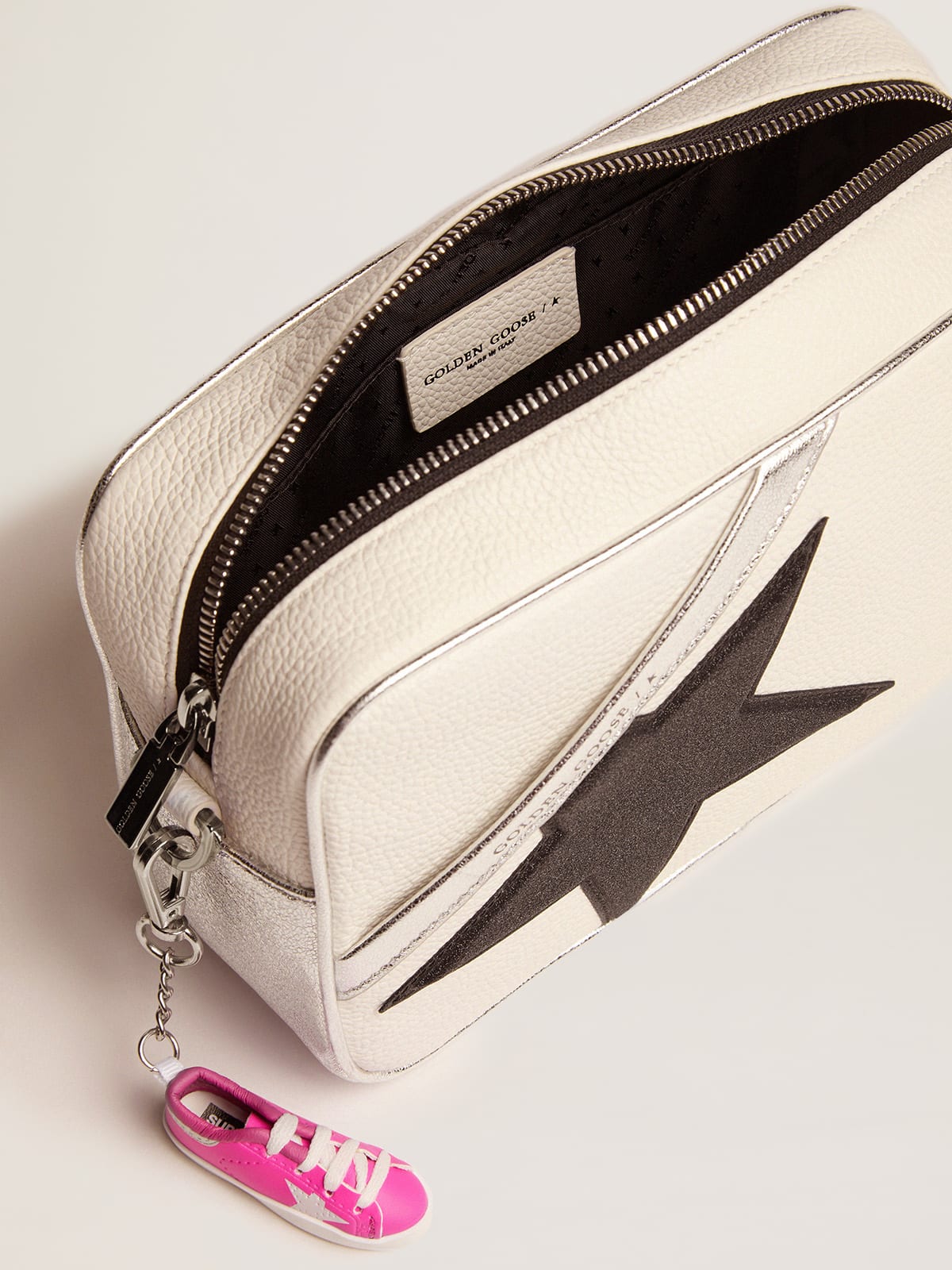 Golden Goose - Star Bag in white hammered leather, metallic silver trim and black glitter star in 