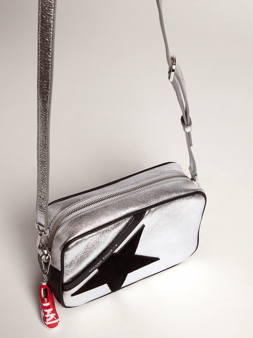 Golden Goose - Silver Star Bag with black hammered leather inserts and black suede star in 