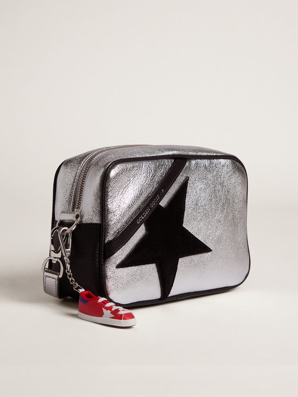 Golden Goose - Silver Star Bag with black hammered leather inserts and black suede star in 