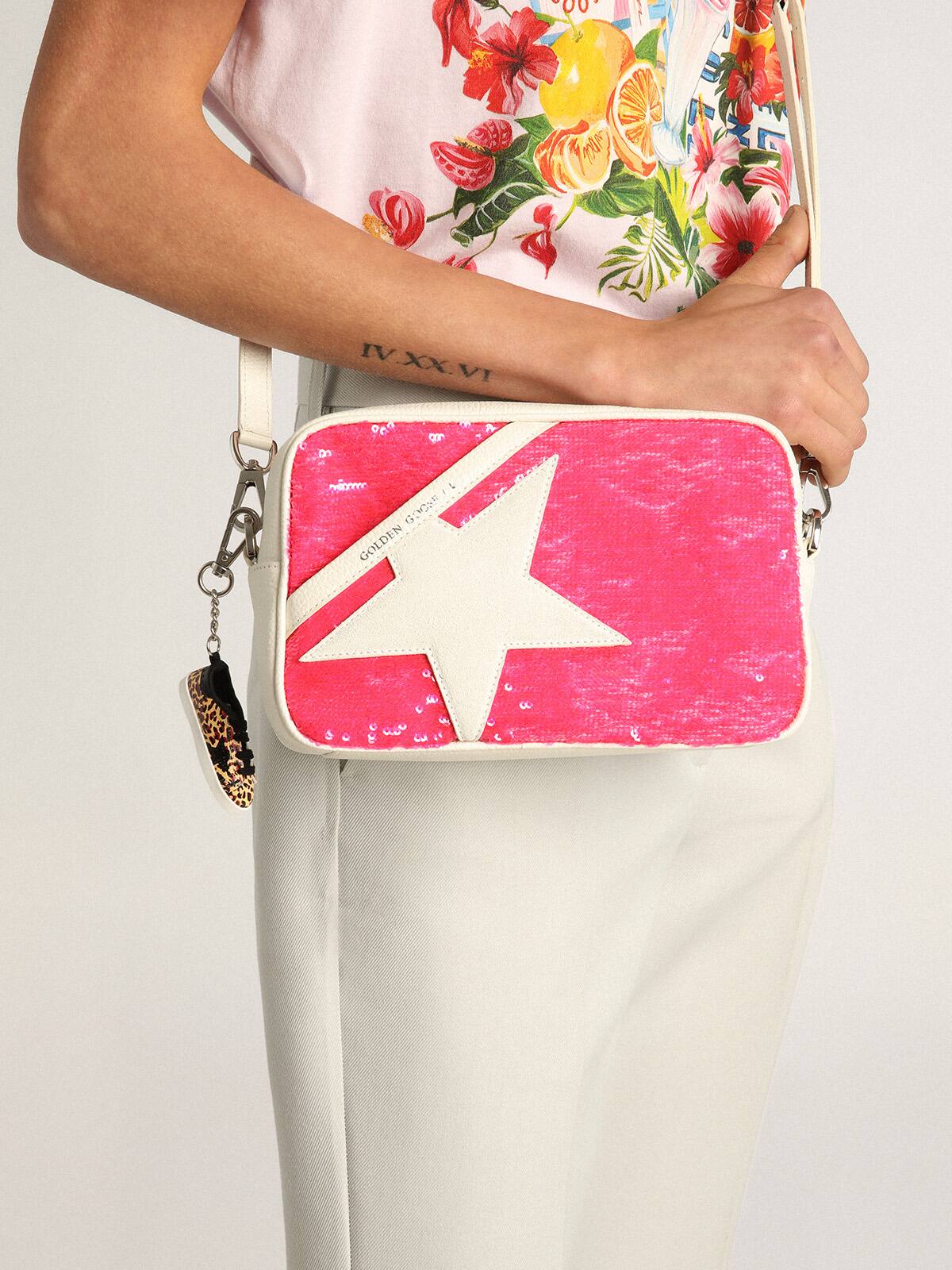 Golden Goose - Star Bag in white leather with fuchsia sequins and white suede star in 