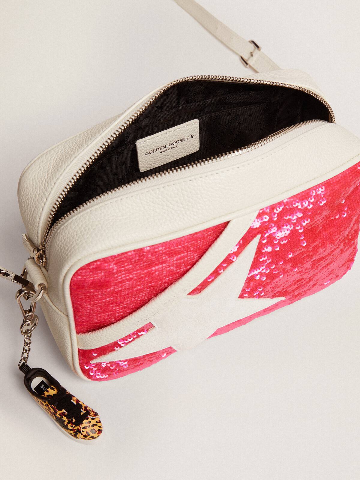 Golden Goose - Star Bag in white leather with fuchsia sequins and white suede star in 