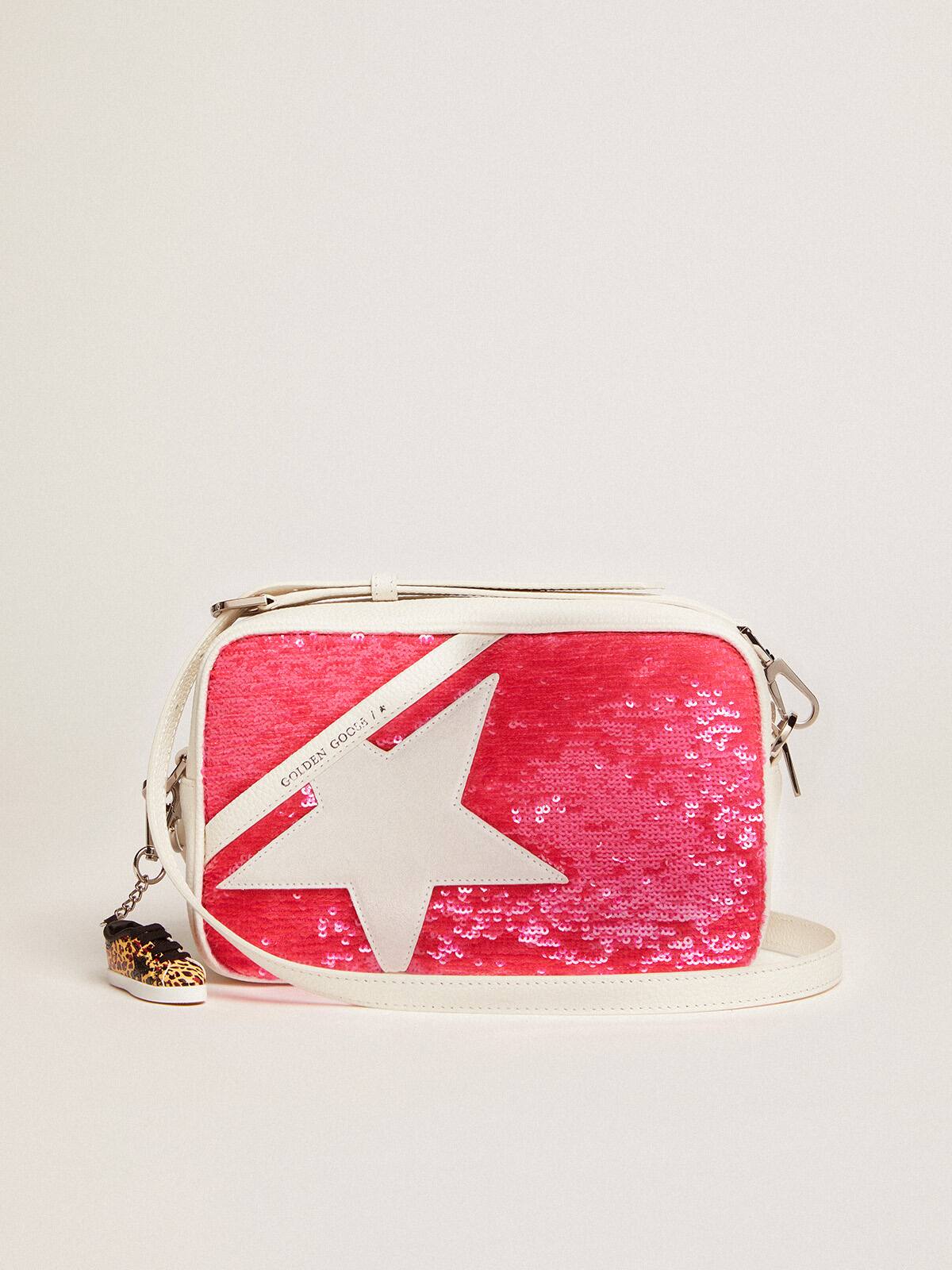 Golden Goose - Star Bag in white leather with fuchsia sequins and white suede star in 